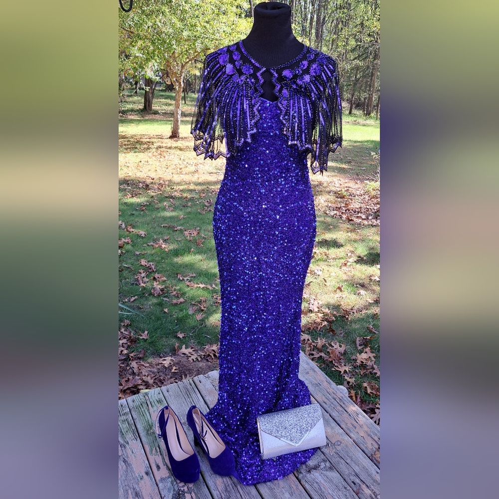 Elegant Blue Evening Gown with shrug and velvet shoes n purse
